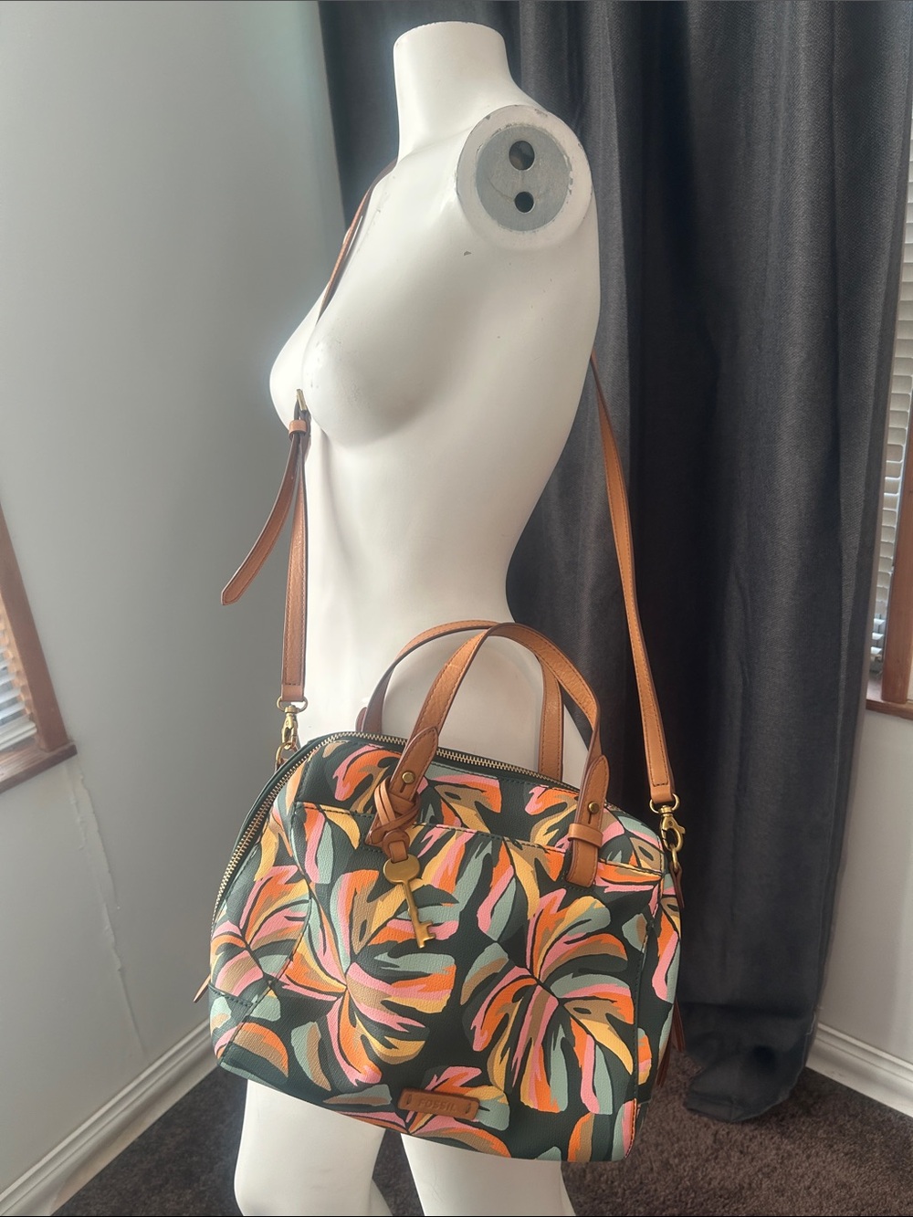 Fossil Rachel Tropical Leaf Print Pink/Green satchel/crossbody